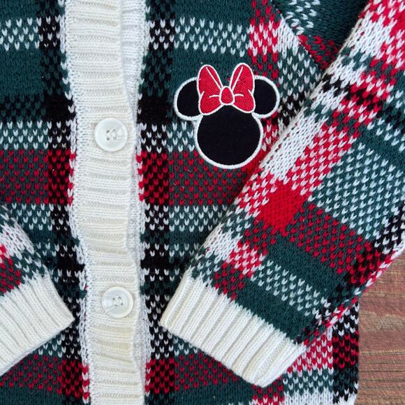 Disney Minnie Mouse Holiday Sweater 2T | Red Green Plaid Knit Christmas Cardigan - Picture 3 of 13